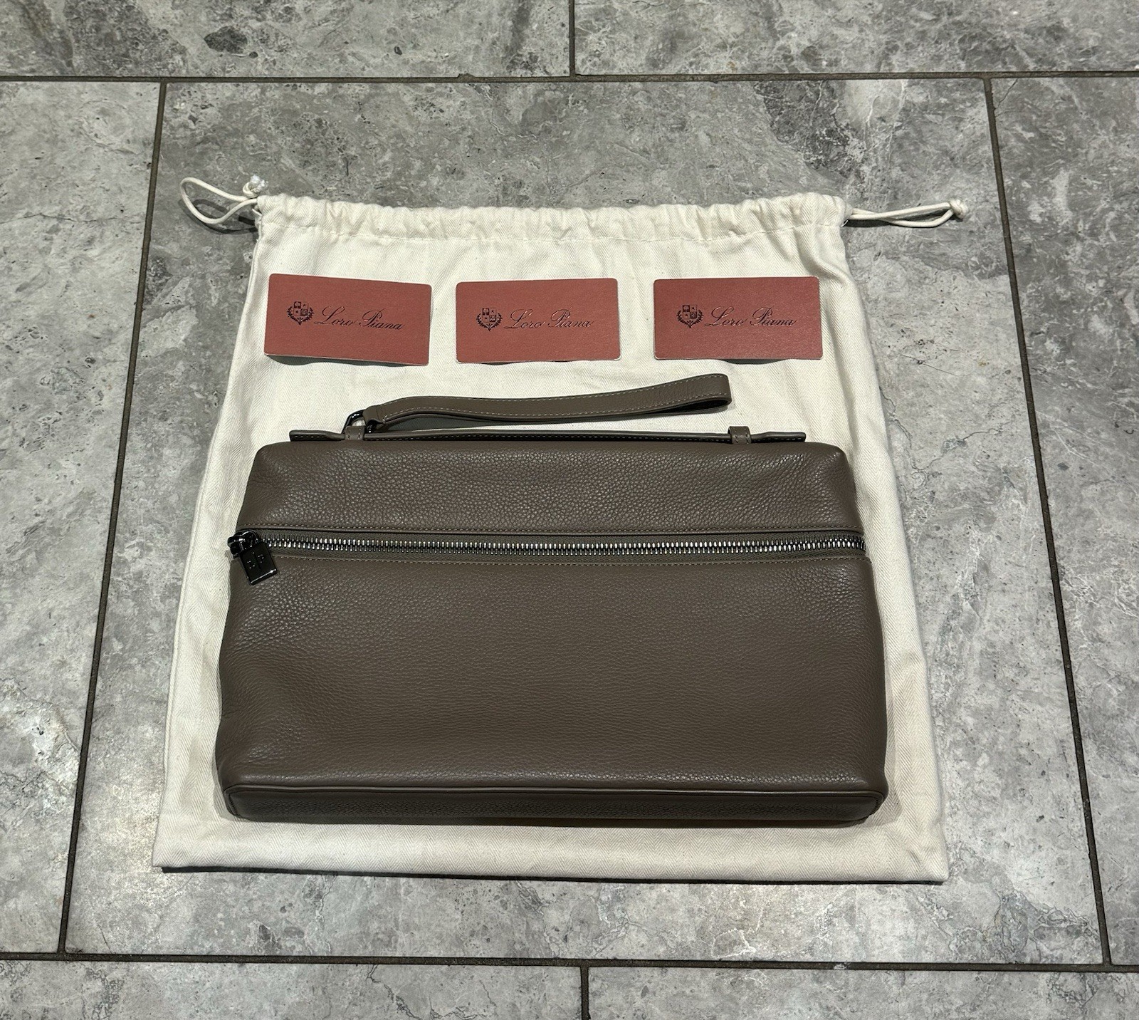 LORO PIANA ‘Extra Pouch L29’ Grained Calfskin Leather Bag Warm Mastic Onyx $2250
