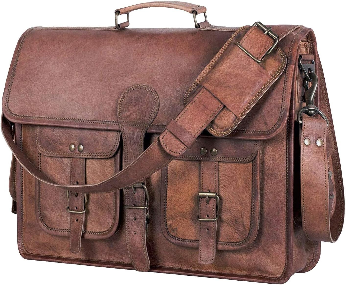 Stylish Leather Briefcase with Adjustable Strap – 18-inch Laptop Messenger