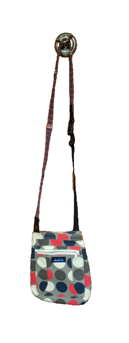 KAVU Keepalong Canvas Sling Bag Crossbody Rope Shoulder Bag Gray Polka Dots