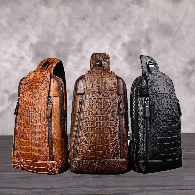 Men’s Crocodile Pattern Sling Bag Shoulder Crossbody Satchels Chest Bag Daypack