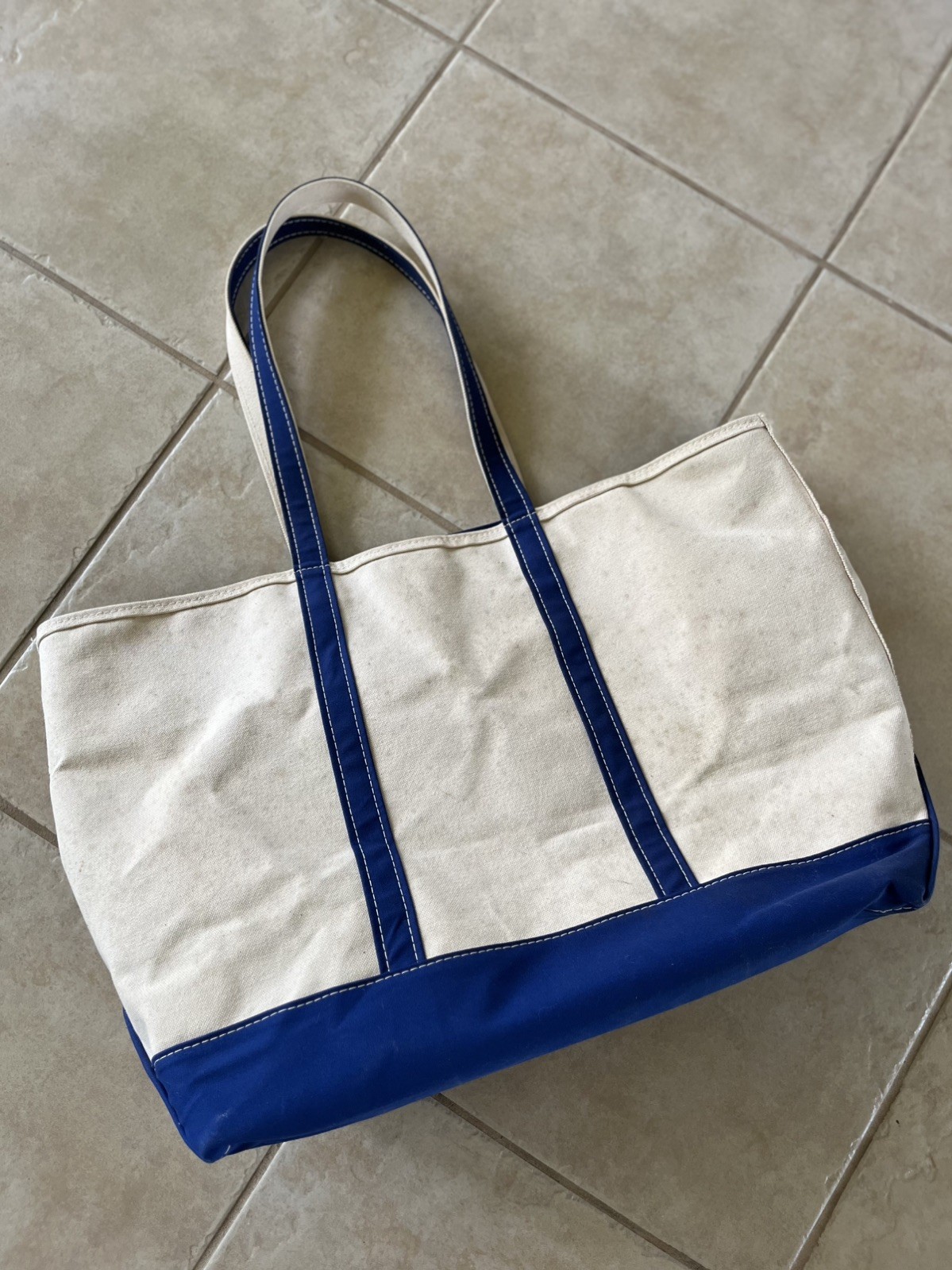 Vintage LL Bean Boat & Tote Bag Blue Beige Large 26 x 16 x 10″ Made in USA