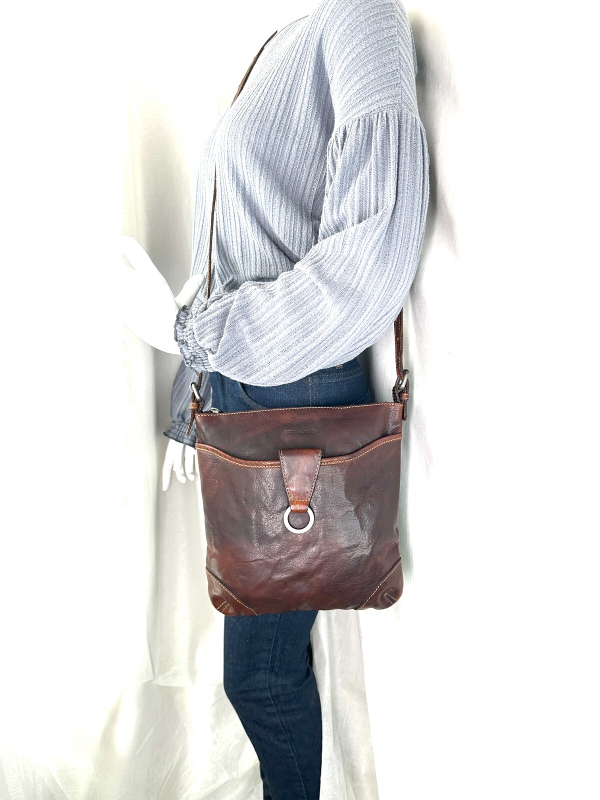 Jack Georges Brown Hand Stained Buffalo Leather Large Crossbody Bag Front Pocket