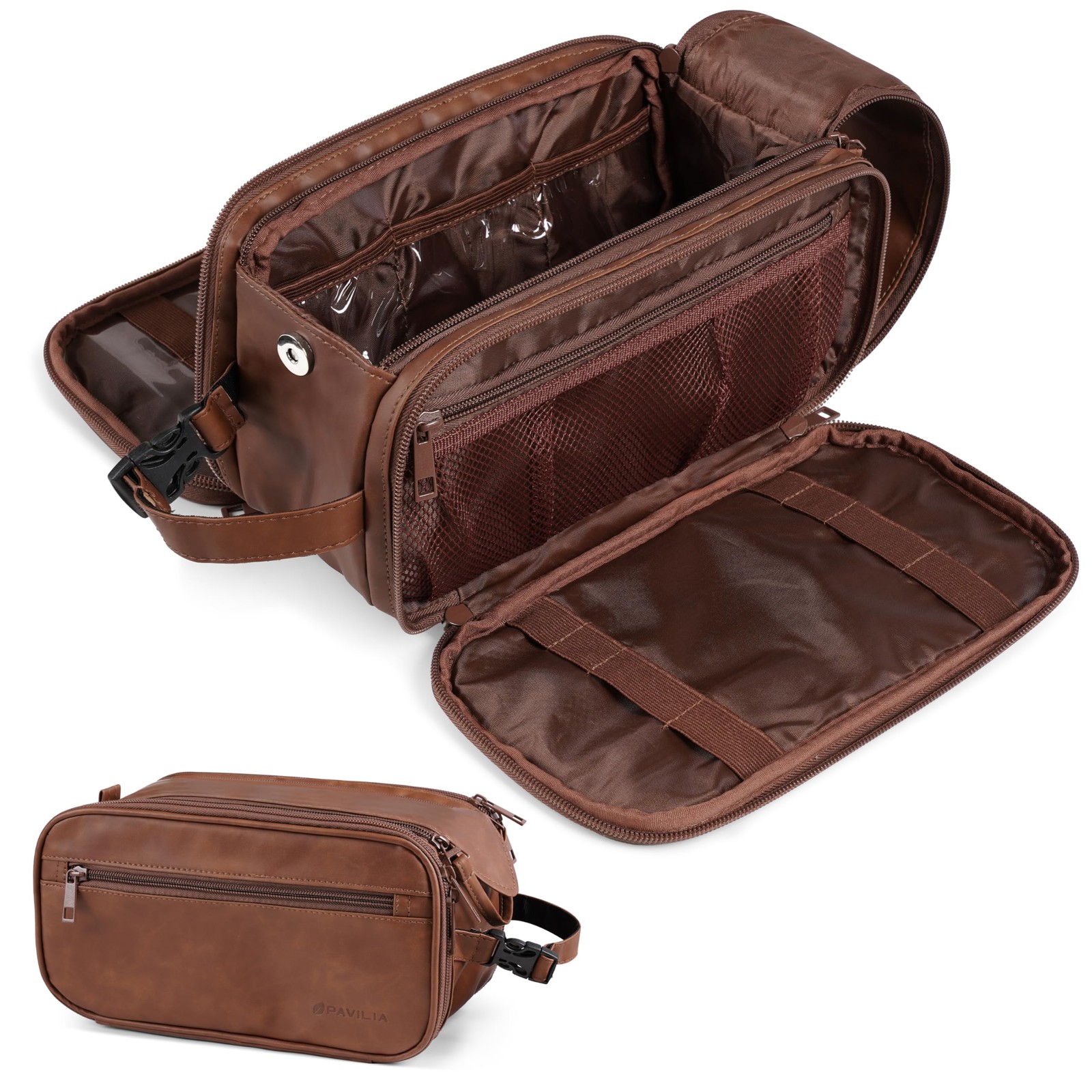 PAVILIA Toiletry Bag for Men, Hanging Travel Dopp Large (10.5×5.5×6), Brown