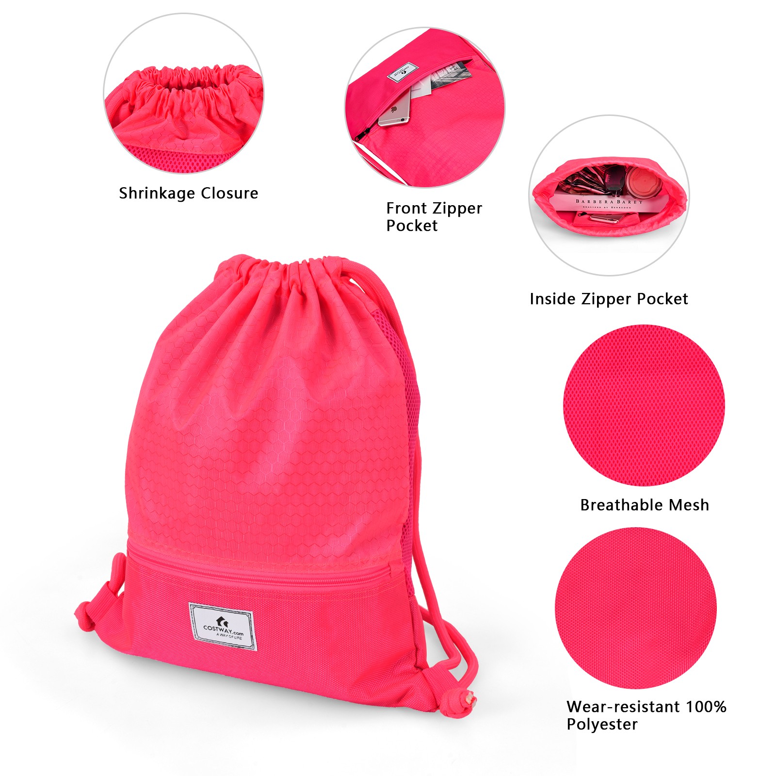 Costway String Bag Drawstring Backpack Folding Sports Sack w/Zipper Pocket Pink