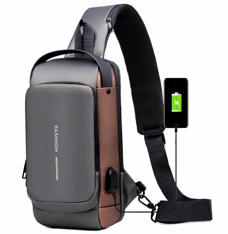 Men’s Water Resistant Sling Bag Crossbody Chest Pack USB Port Zip Grey
