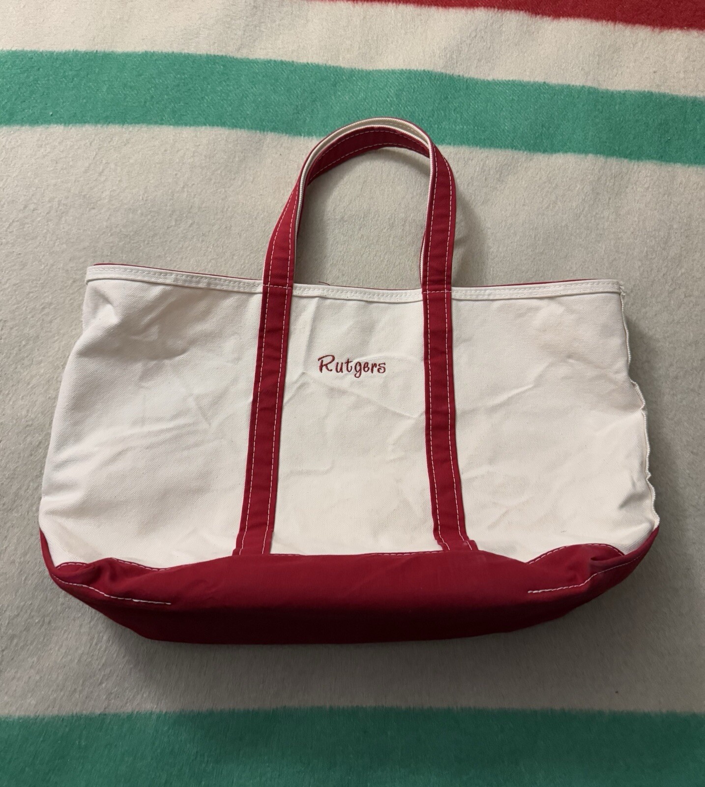 Vintage 90s Made USA LL Bean Boat & Tote Bags Rutgers New Jersey XL JUMBO Red