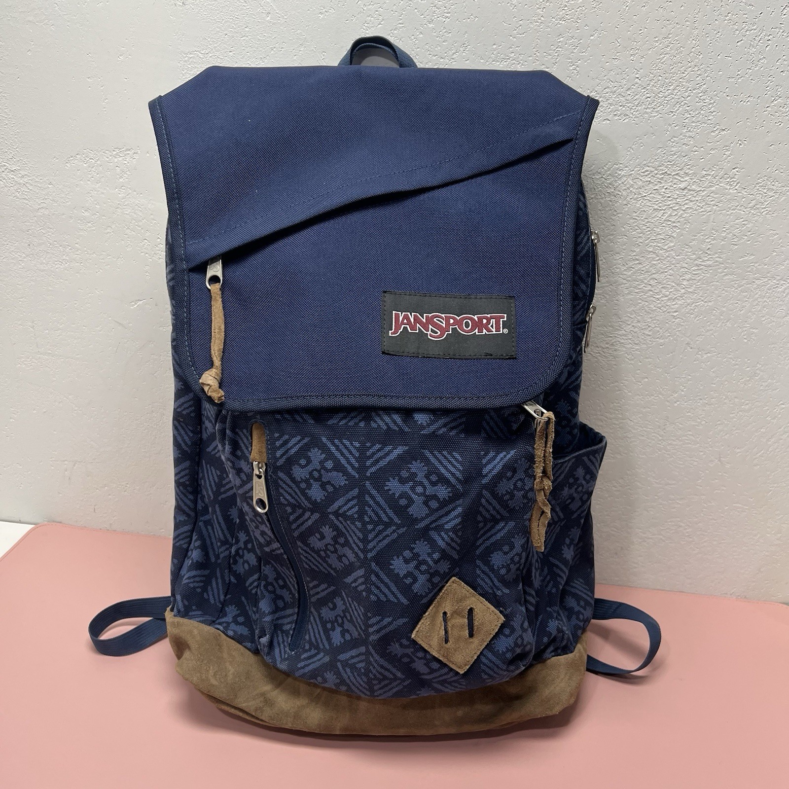 JANSPORT Flap Backpack Hensley Blue Geometric Suede Bottom Laptop School