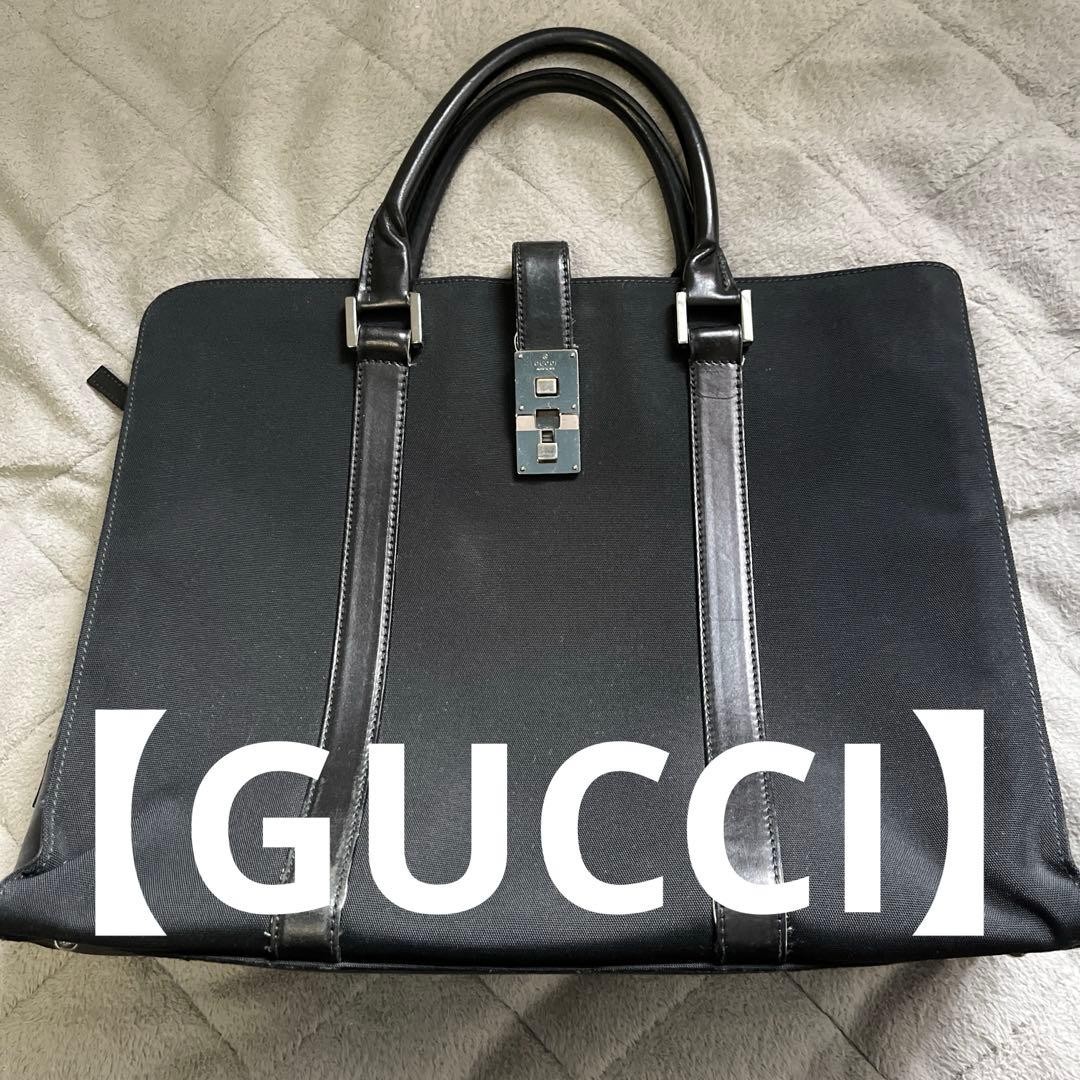GUCCI Business Bag Logo Hardware Leather Nylon Black 31cm x 40cm Used Condition