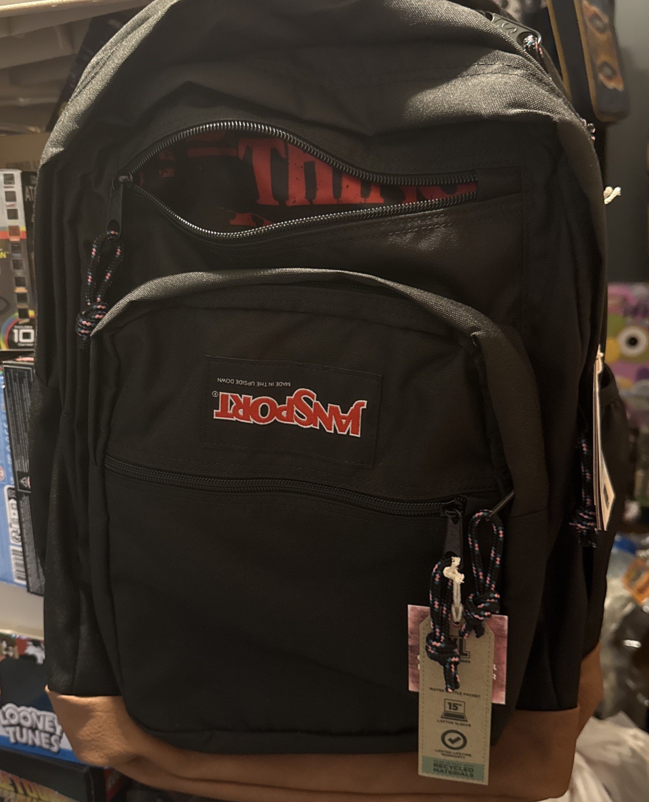 JanSport Stranger Things Upside Down Cool Student Backpack Black Red Size 34L