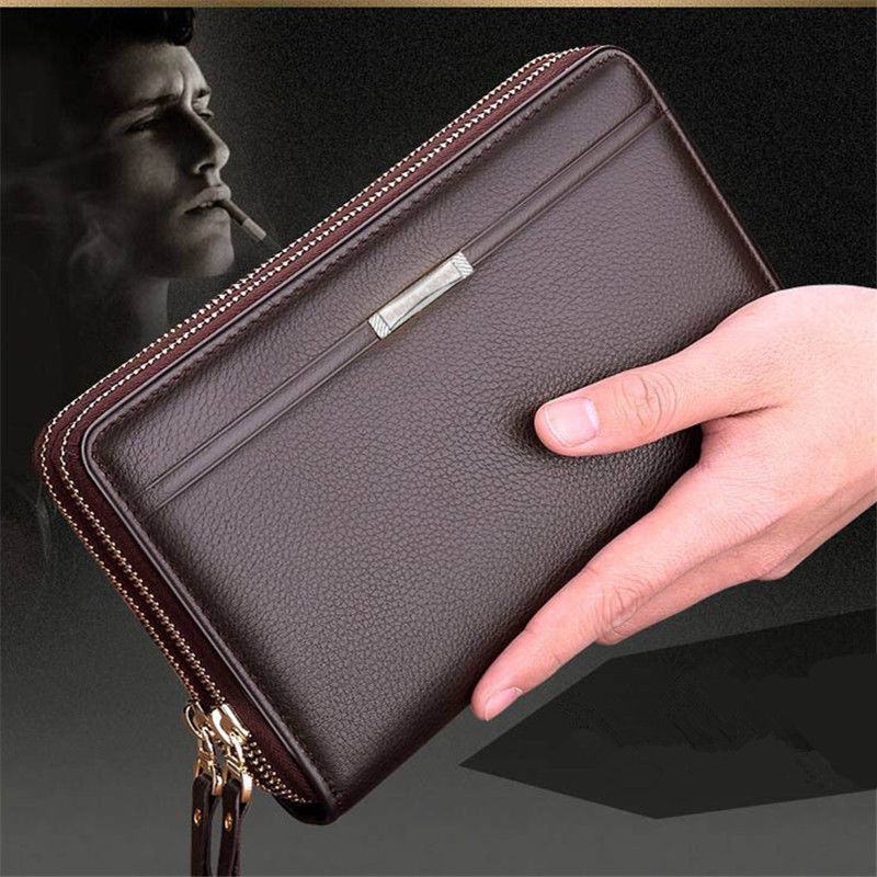 Men’s Leather Wallet Business Clutch Handbag Zipper Purse Checkbook Card Holder