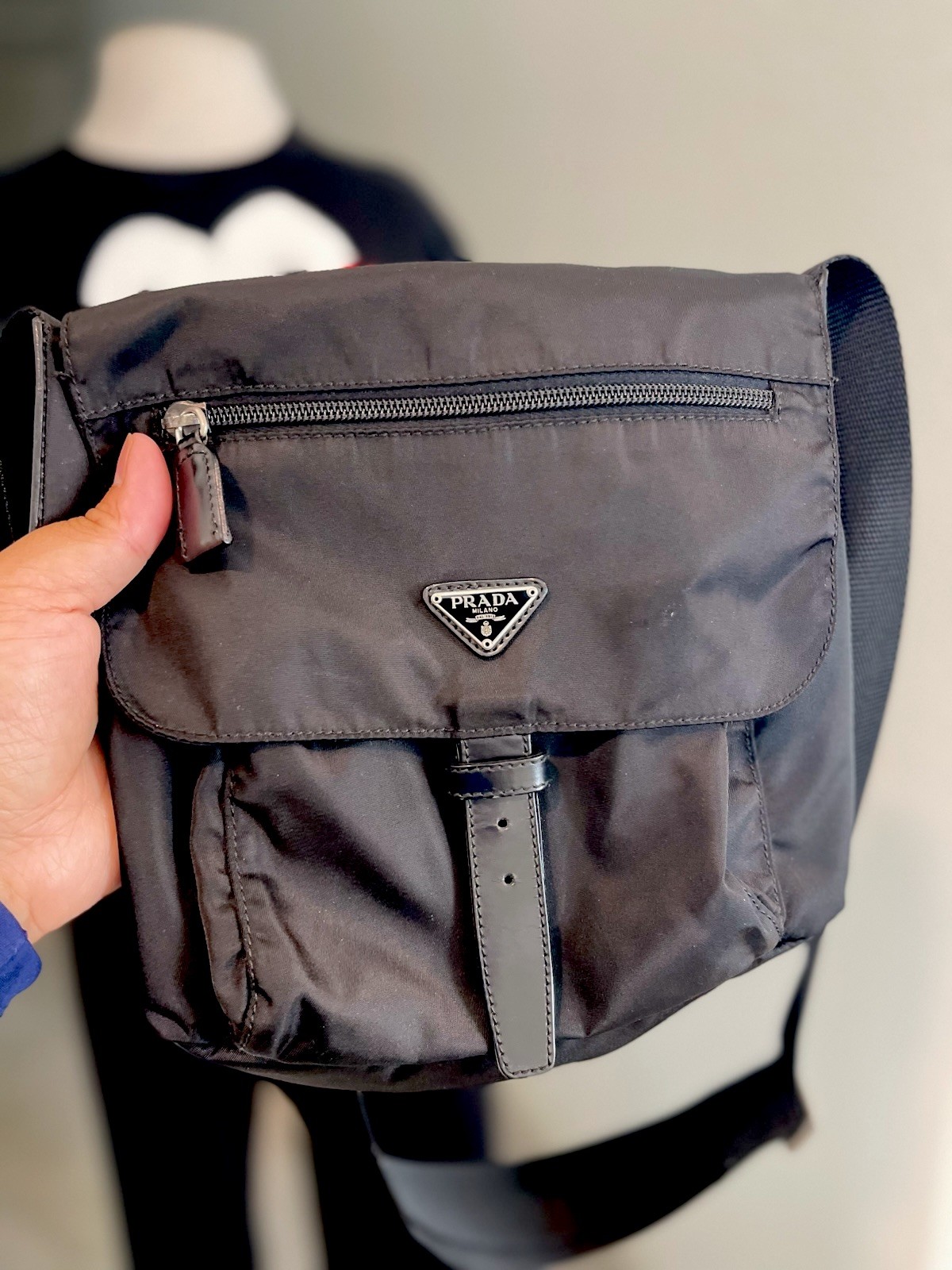 PRADA Black Messenger Crossbody Bag, Zip/Buckle Closure, Adjustable Strap