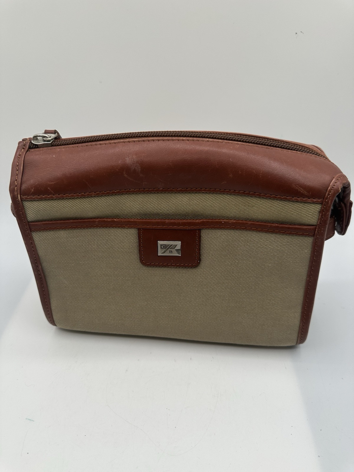 CUTTER & BUCK KHAKI FABRIC CANVAS BROWN LEATHER TRIM TOILETRY TRAVEL BAG