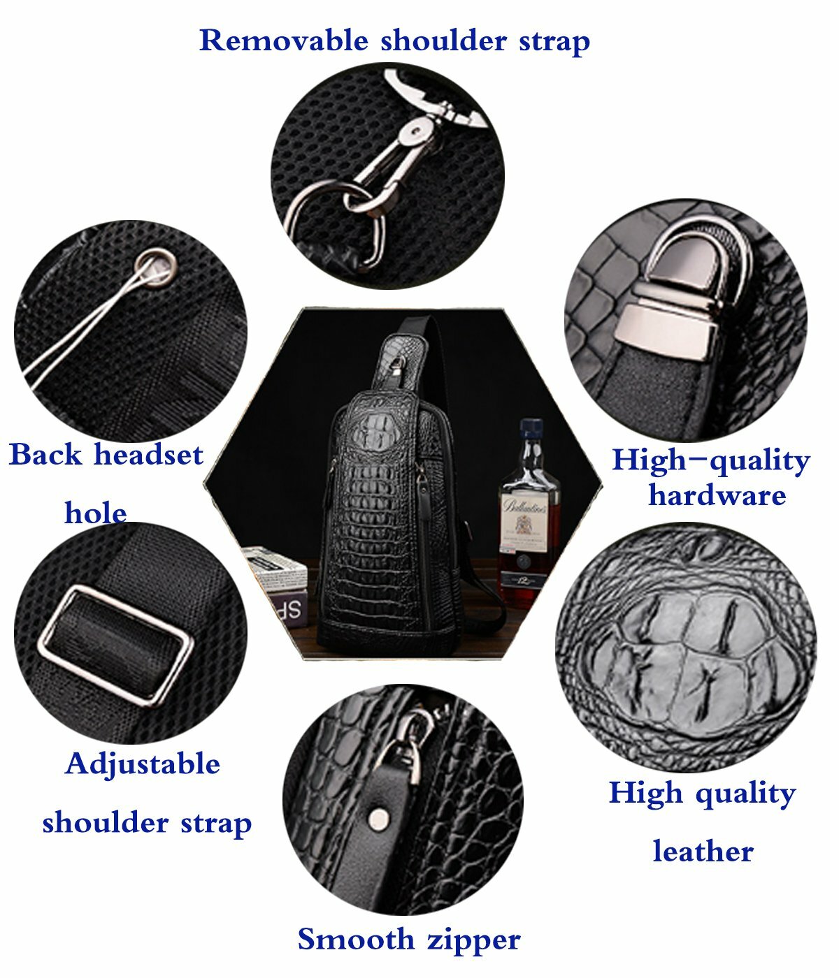 Men’s Crocodile Pattern Sling Bag Shoulder Crossbody Satchels Chest Bag Daypack