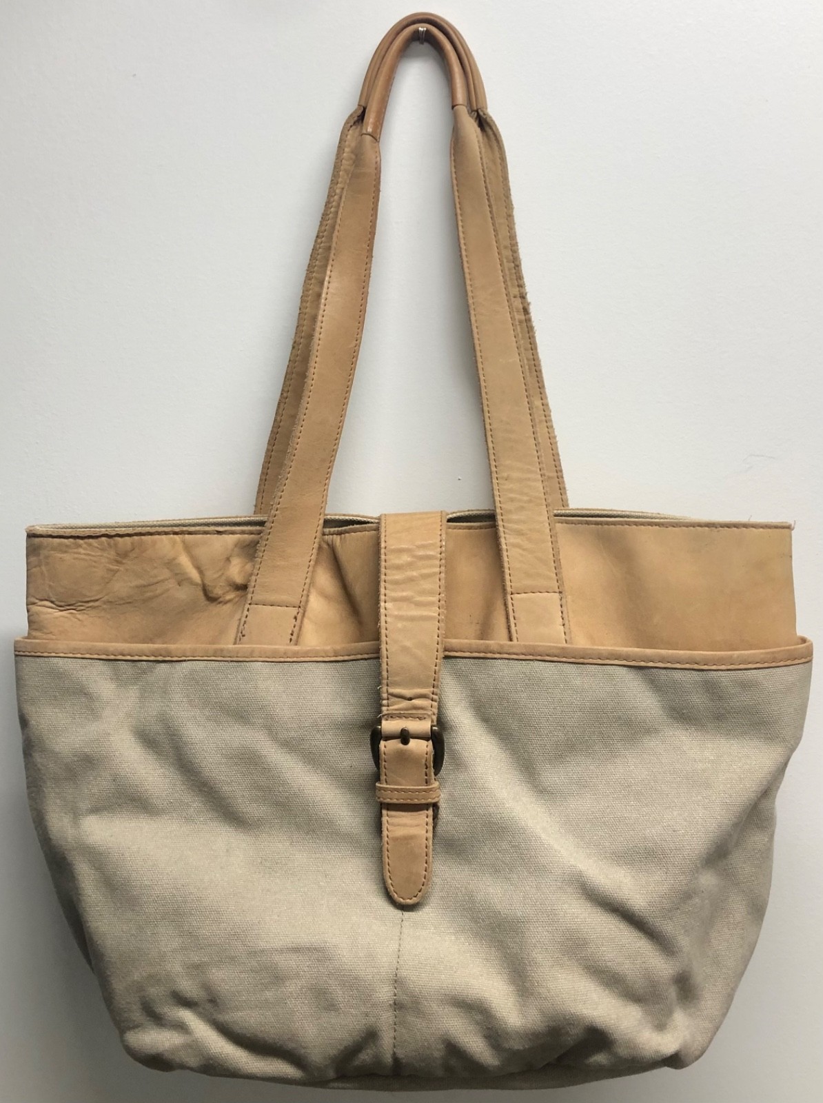 LL BEAN VNTG SHOULDER TOTE BAG KAHAKI W BEIGE LEATHER TRIM & HANDLES 14″x11″x6″