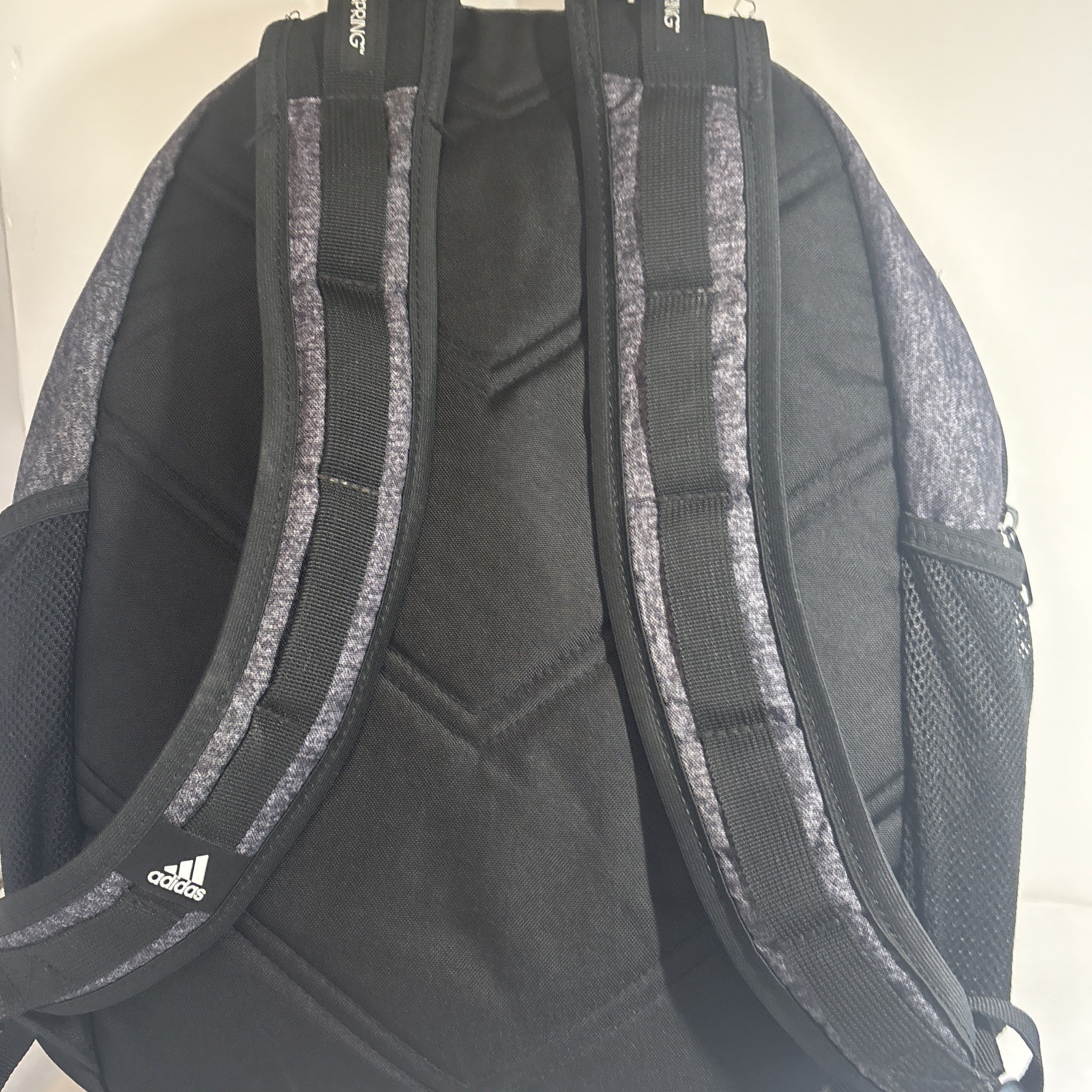 Adidas Load Spring Backpack. Dark Grey, Black Trim, Multi Zippers, Water Pouch