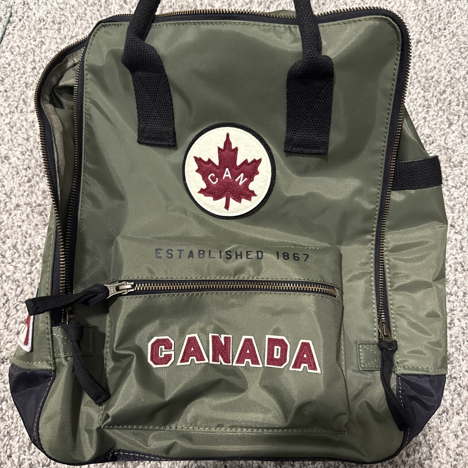 Red Canoe Canada Backpack Army Green Full Zip 15” Square Top Handles