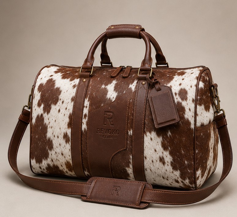 Hair On Cow Hide Duffle Bag, Cowhide Leather Weekender Brown & White Gym Bag