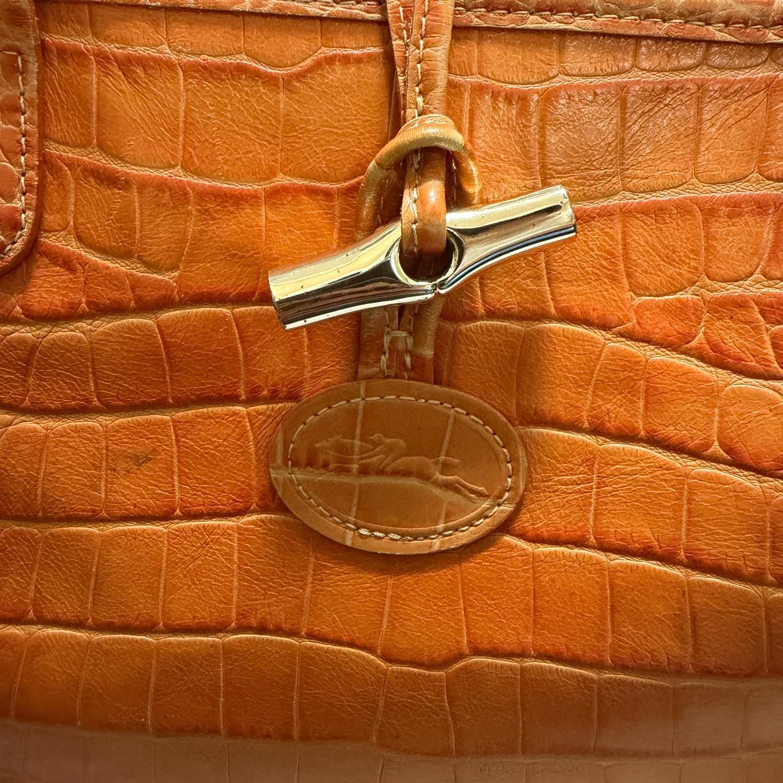 LONGCHAMP Leather Croco Croc Embossed Handbag Roseau Tote Bag orange Width: 33cm