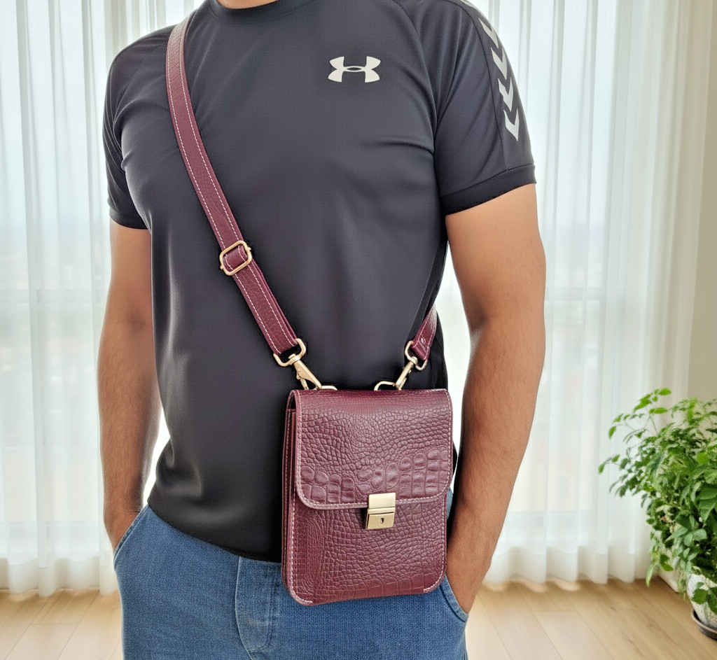 Luxury Men’s Genuine Leather Crossbody Bag – Crocodile Pattern Shoulder Bag