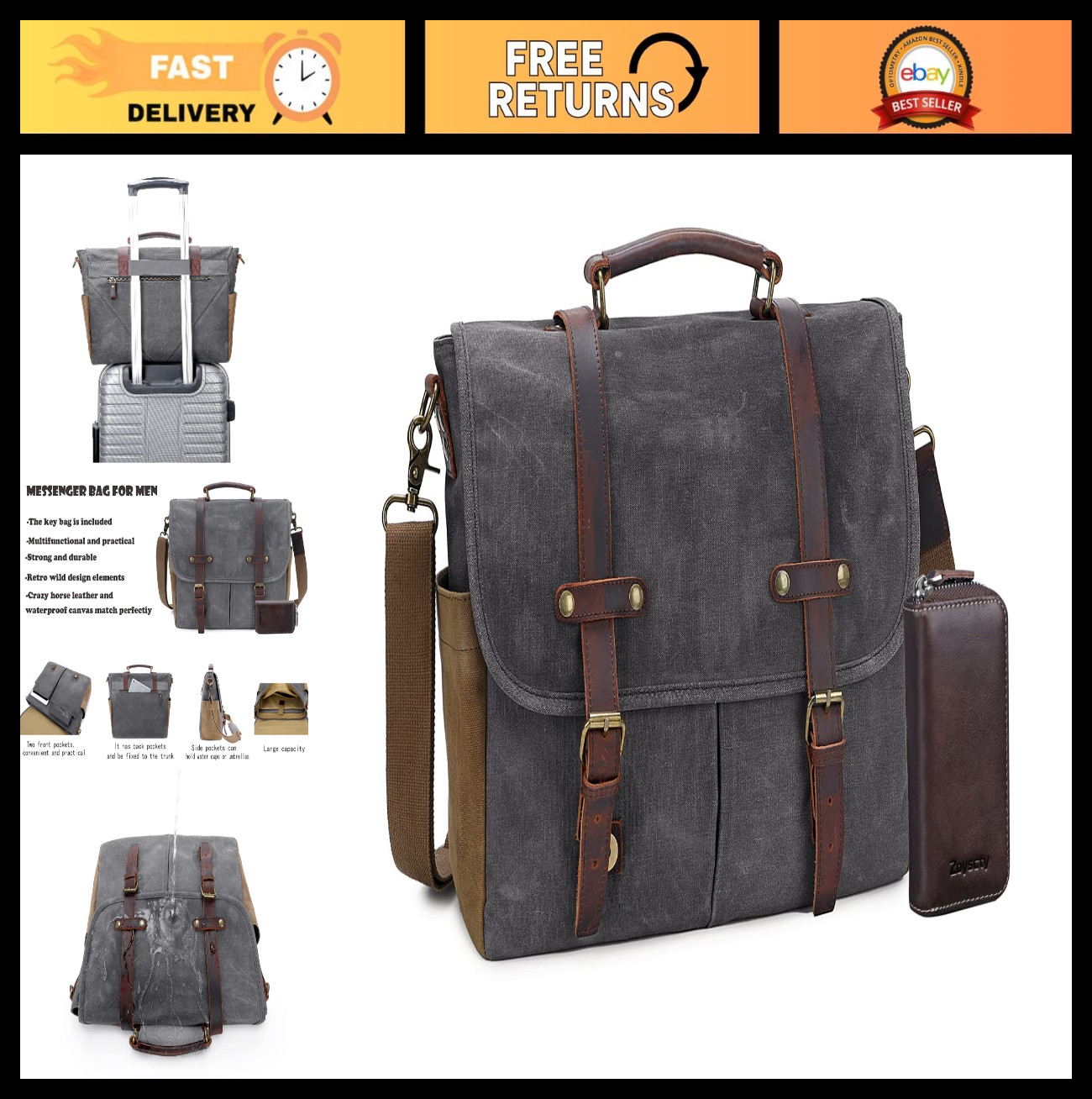 Waterproof Leather Canvas Messenger Bag for 15.6″ Laptop, Large Shoulder Bag