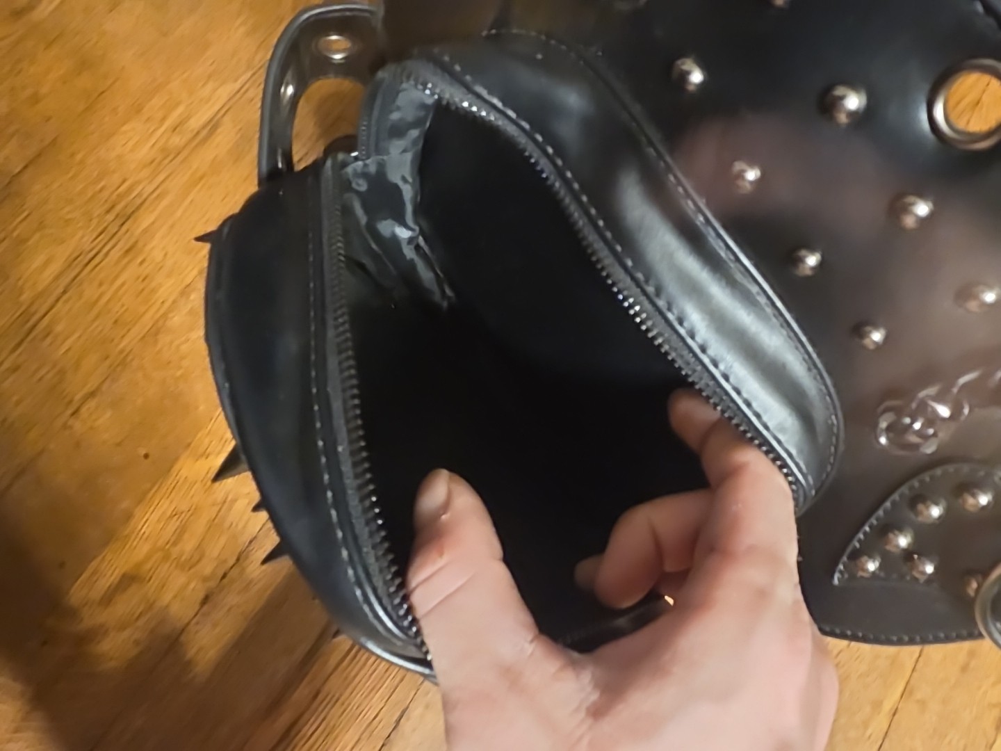 Embroidered Skull Spikes Rivets & Chains Black Leather Backpack