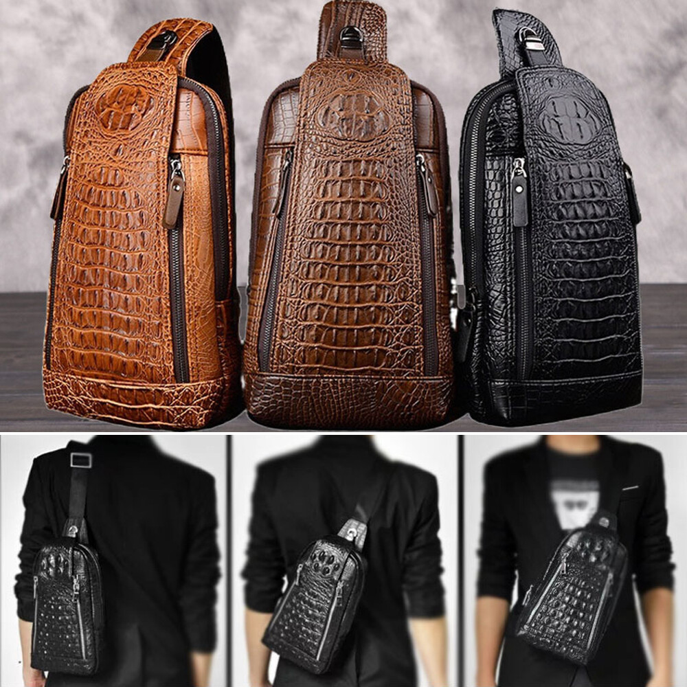 Sling Backpack Men’s Genuine Leather Crocodile Crossbody Chest Bag Sport Daypack