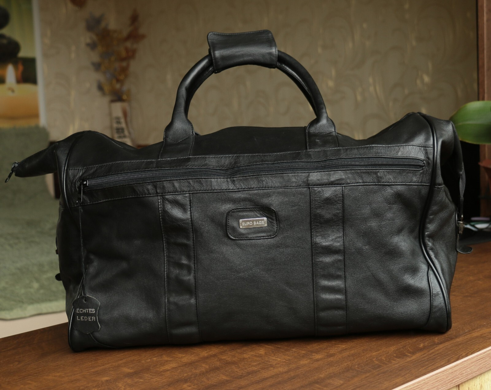 Euro Bags Vintage Large Handled Black Soft Genuine Leather Duffle Travel Bag