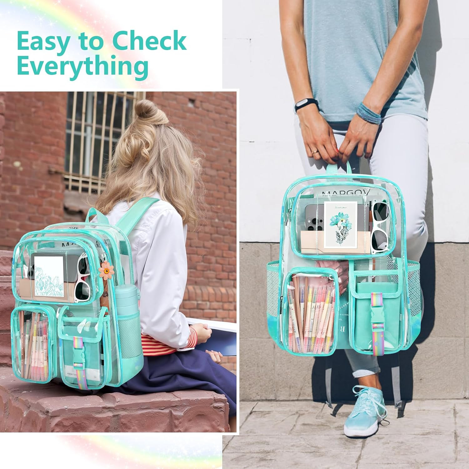 Clear Backpack for Stadium Events, Heavy Duty PVC Transparent Bookbag with Reinf