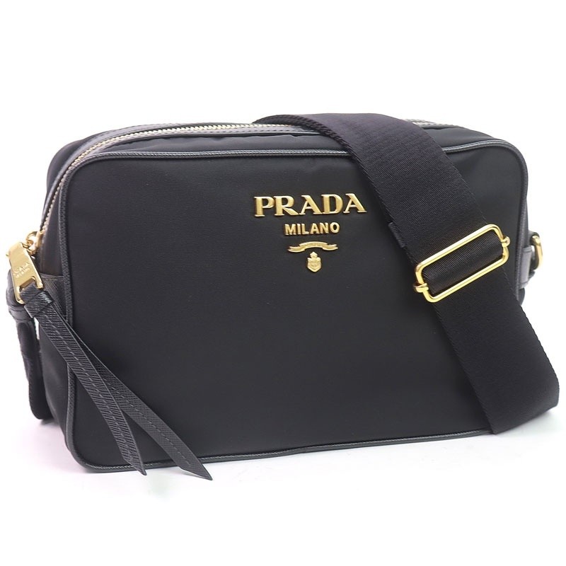 PRADA Tessuto Nylon Saffiano Leather Shoulder Bag Metal Logo Black