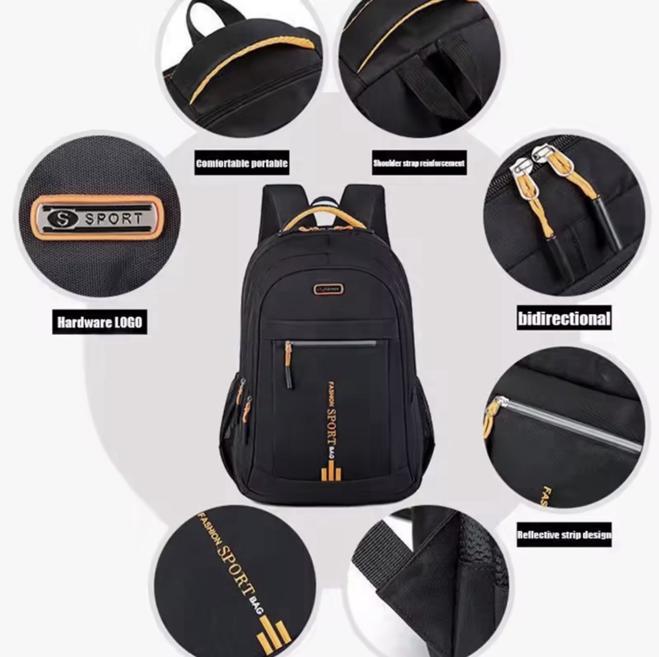 SPORT Black/Orange Backpack Zip Reflective Padded Straps Bottle Pocket
