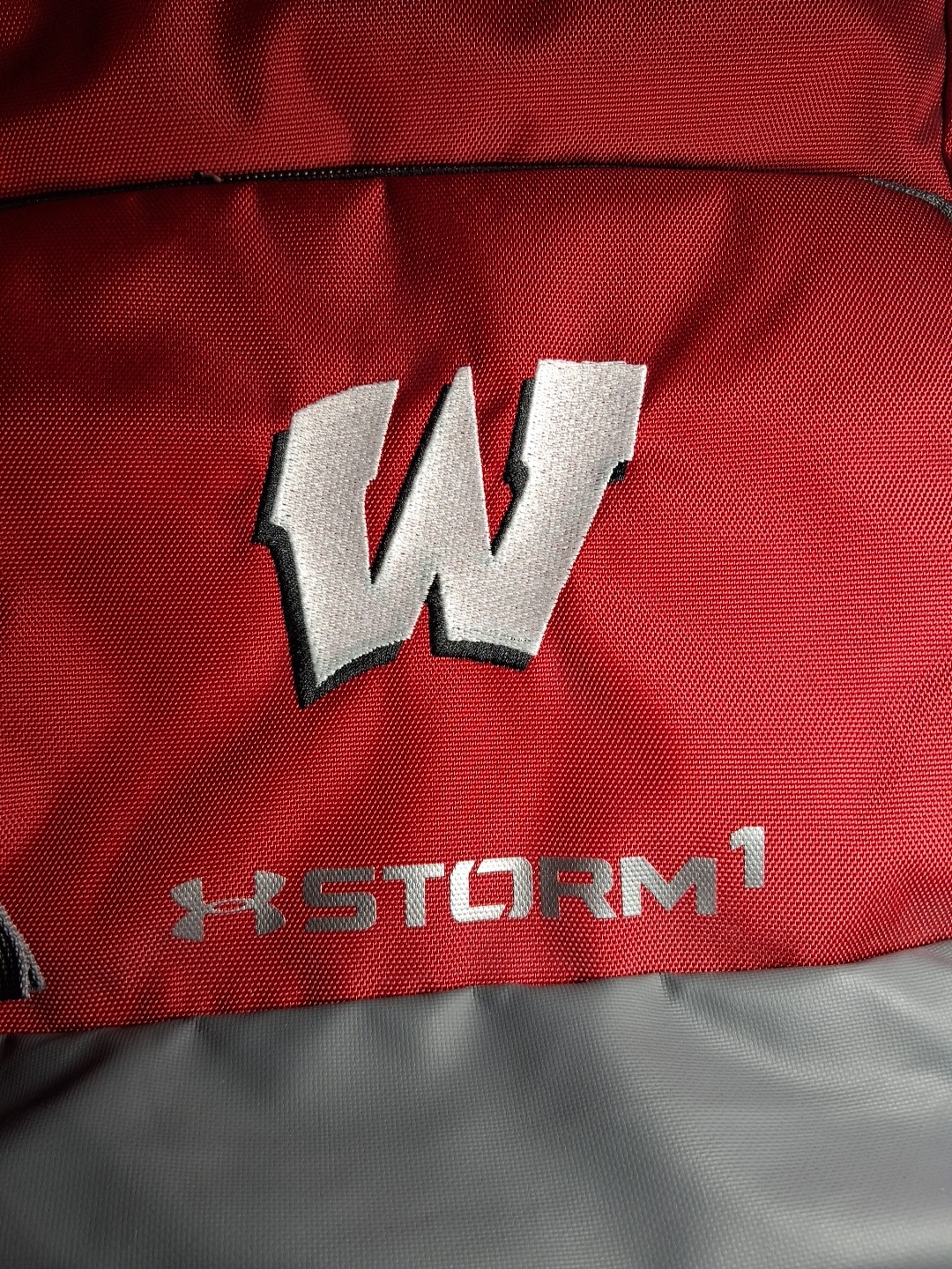 Under Armour Storm 1 Backpack Red Gray Pockets Wide Straps. Wisconsin University