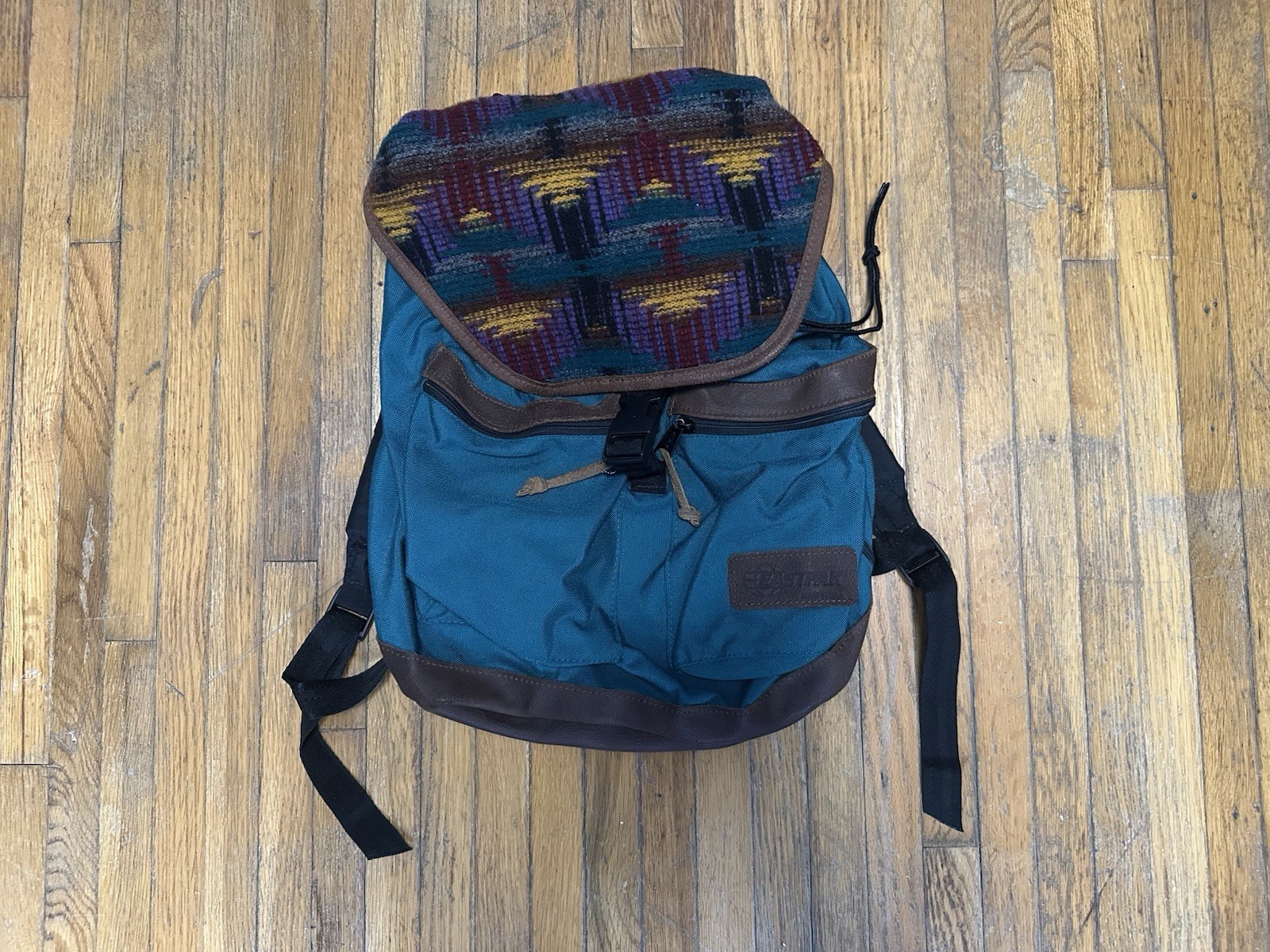 Vintage 90s Eastpak Made In USA Aztec Brown Leather Bottom Hiking Backpack