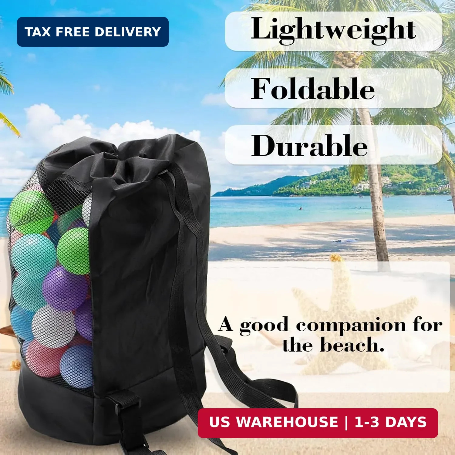 INVODA Mesh Beach Bag Drawstring Beach Backpack Foldable Toy Organizer Bag Shell