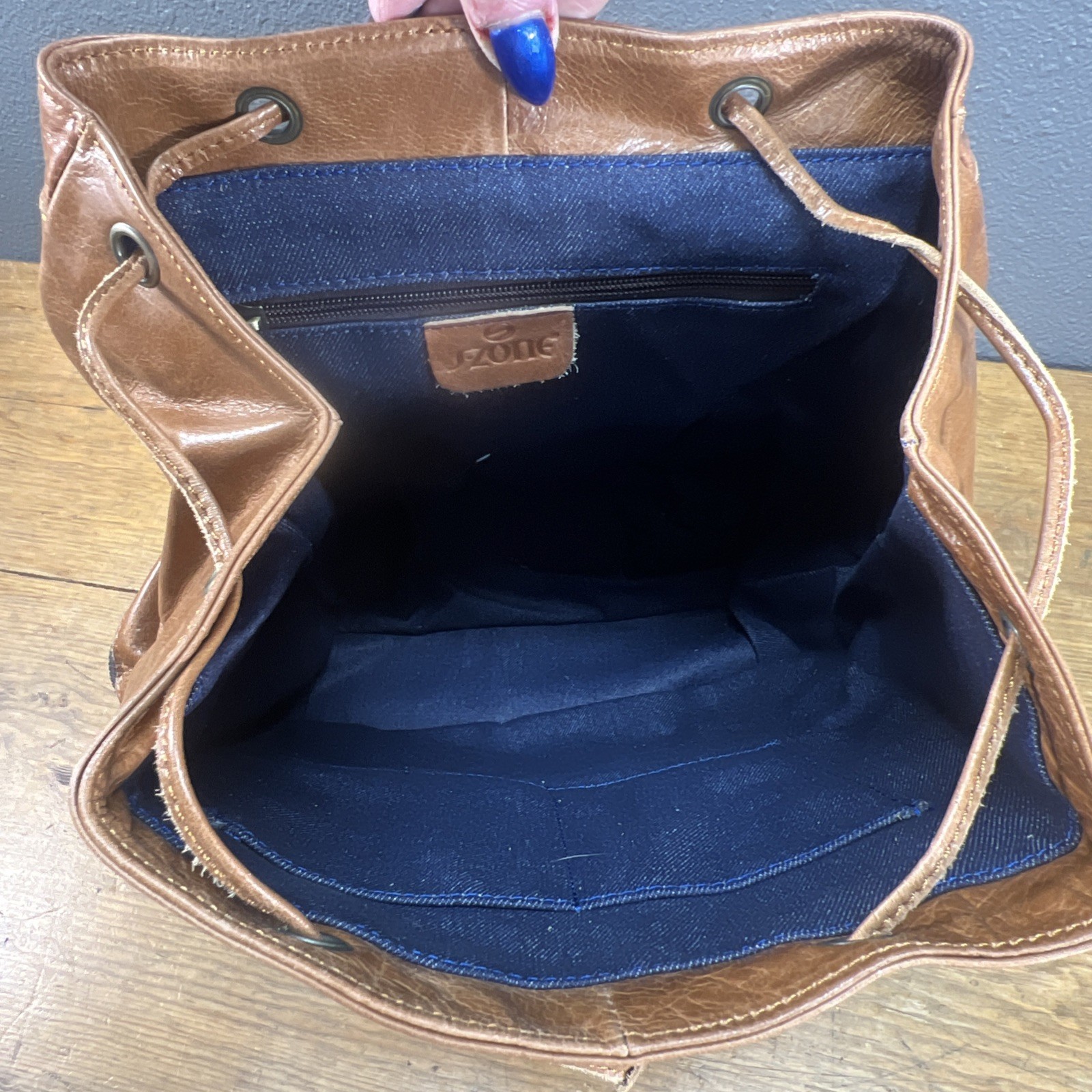 S -Zone Brown Soft Leather Backpack Denim Lining Drawstring Snap Pockets Large