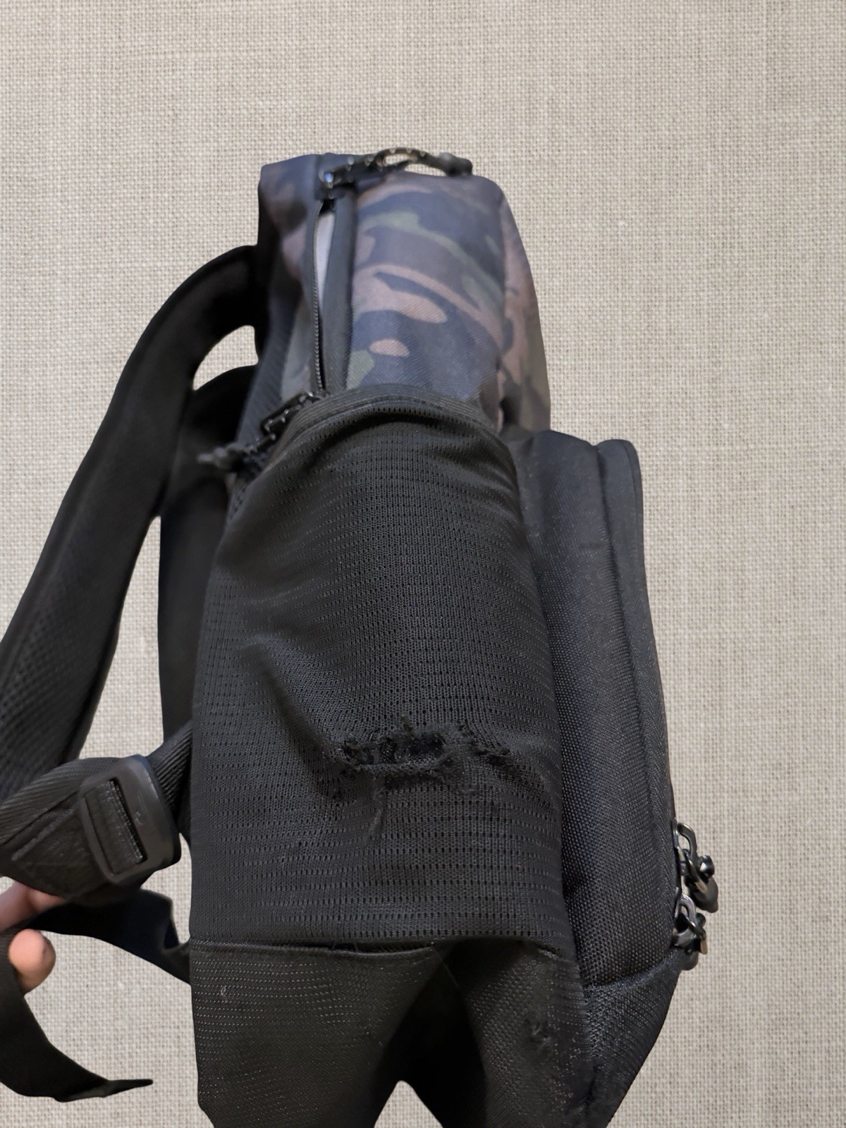 Quiksilver camo backpack with multiple compartments and zippers Back To School