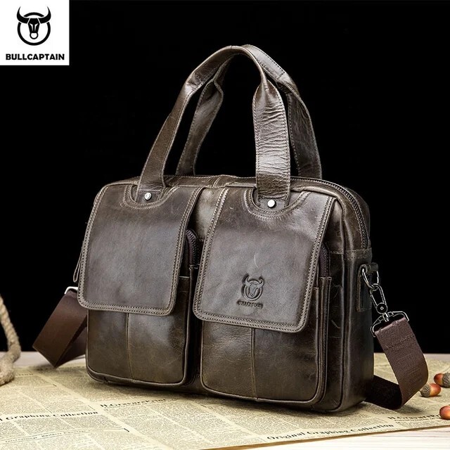 Bullcaptain men genuine cow leather business laptop travel shoulder bag