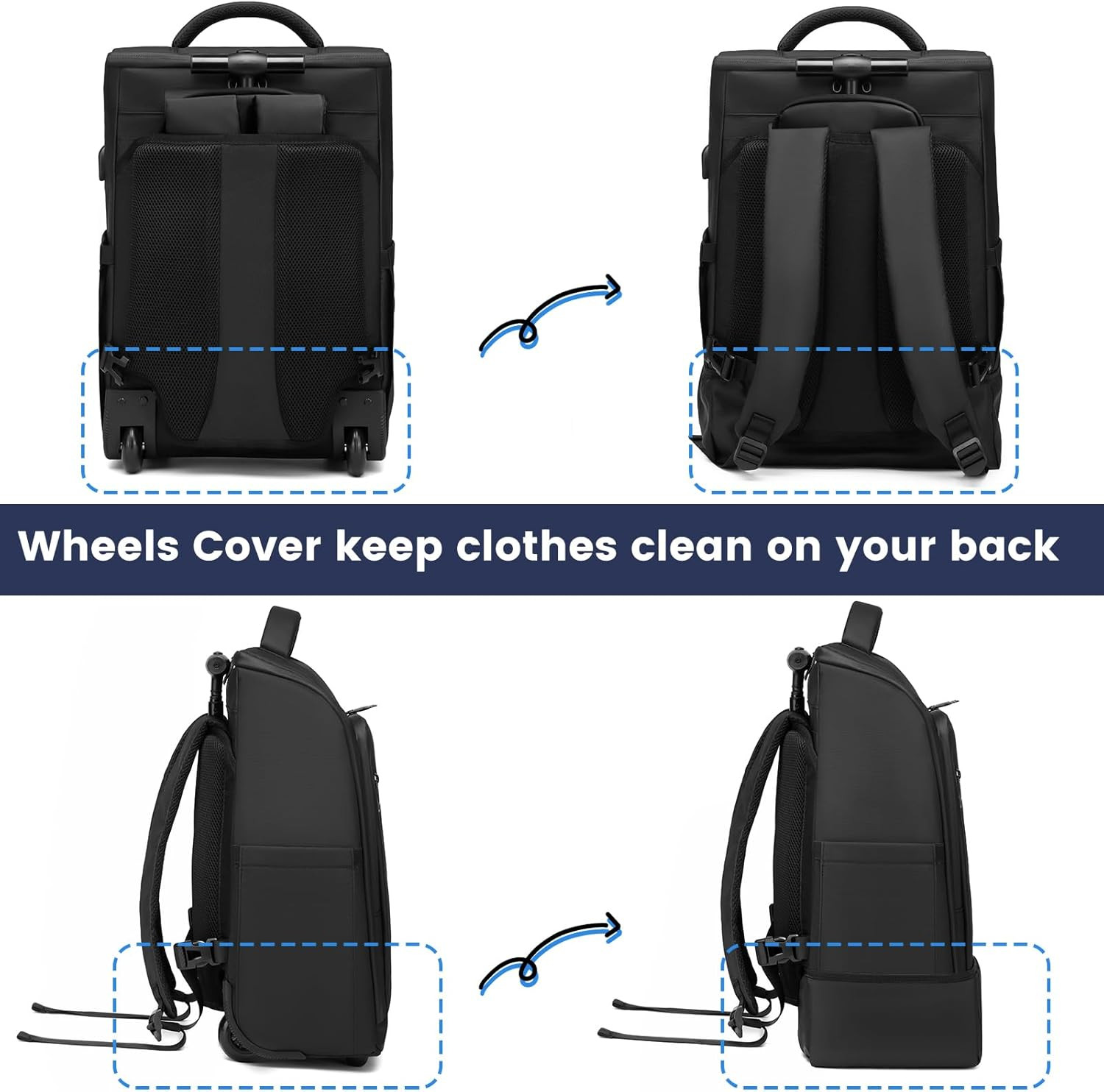 Rolling Backpack with Wheels, Waterproof Wheeled Backpack with USB Ports for Men