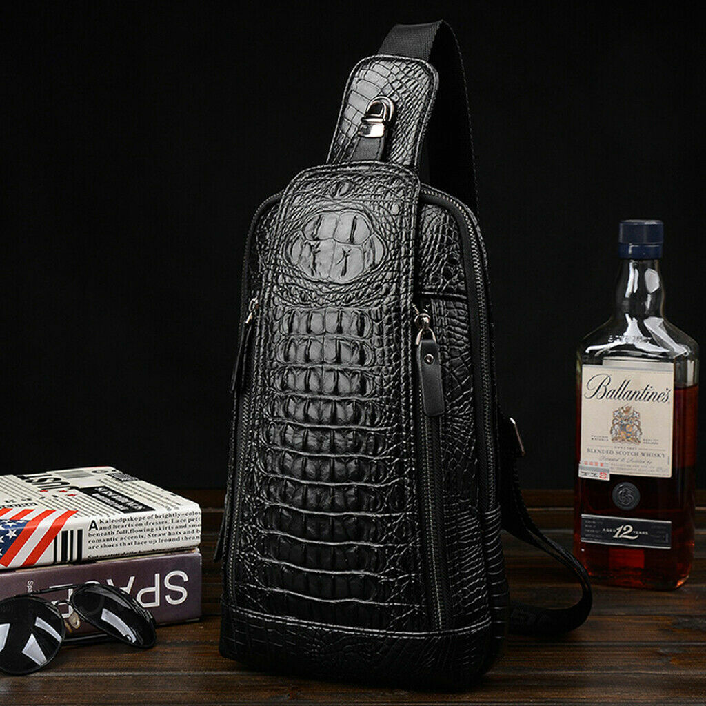 Leather Sling Daypack Backpack for Mens Crocodile Pattern Luxury Crossbody bag