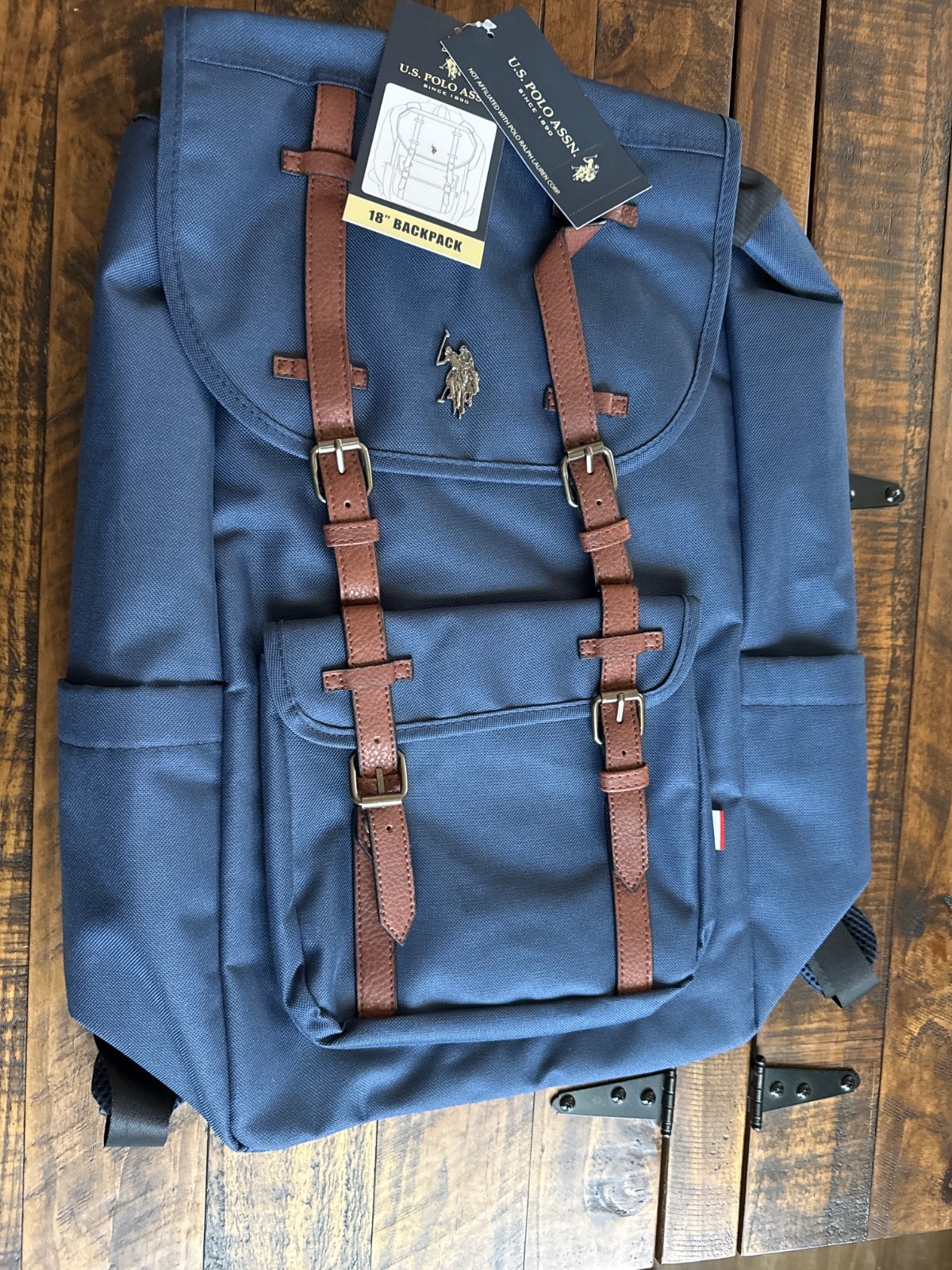 U.S. POLO ASSN. navy blue 18″ flap backpack with brown straps 6.5”x10”x18” NWT