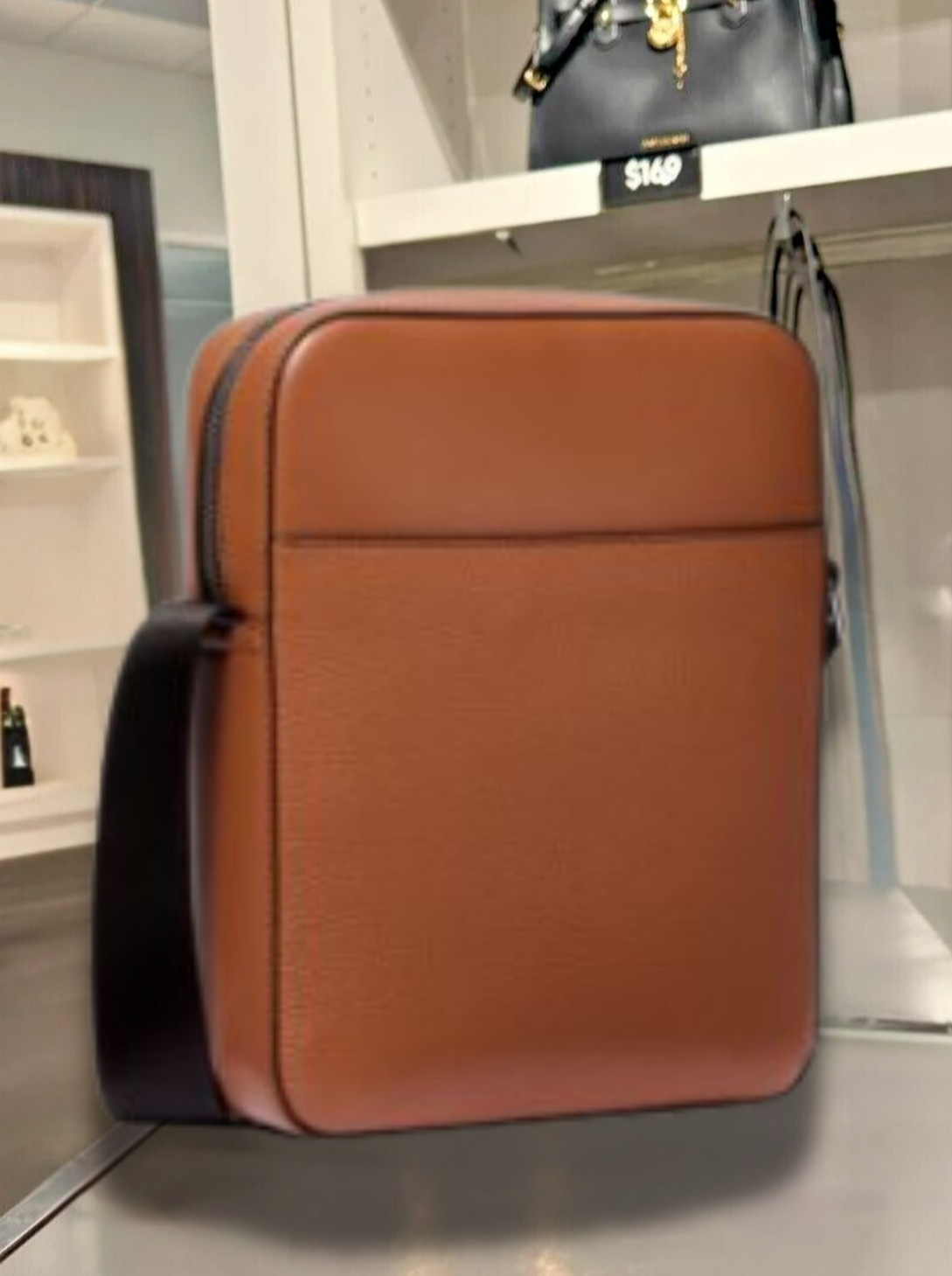 Michael Kors Cooper Men Logo Embossed Leather Crossbody Messenger Bag Luggage