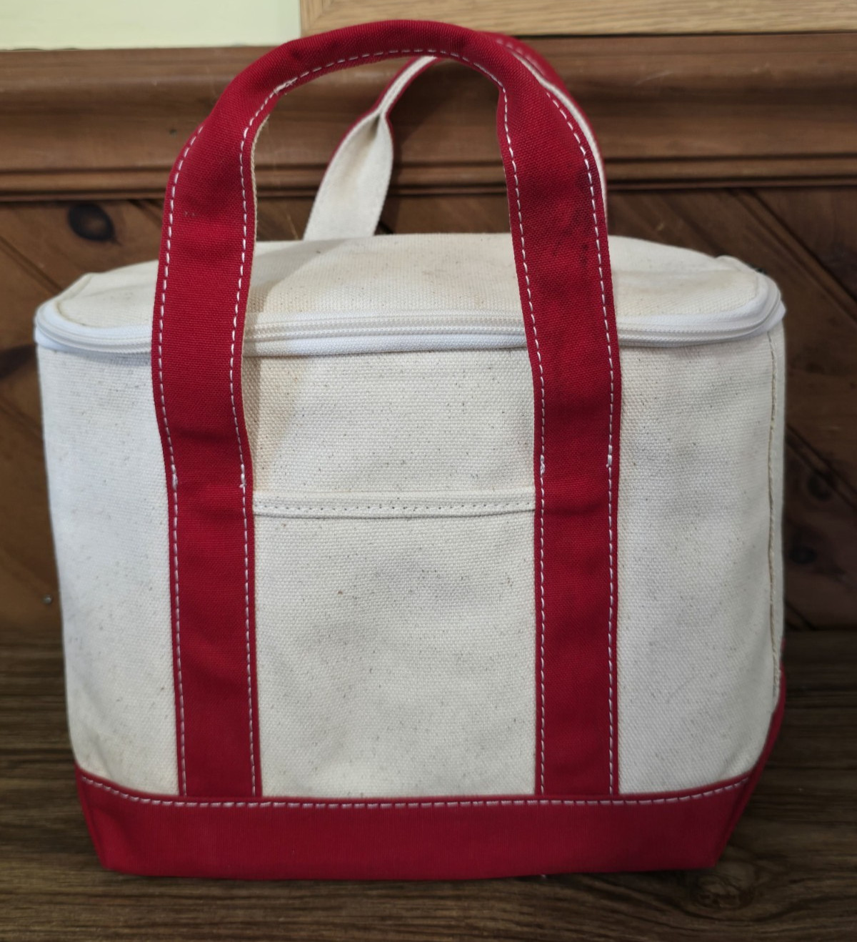 Vintage LL Bean Small Boat Tote Insulated Cooler Lunch Bag Beige Red Handles