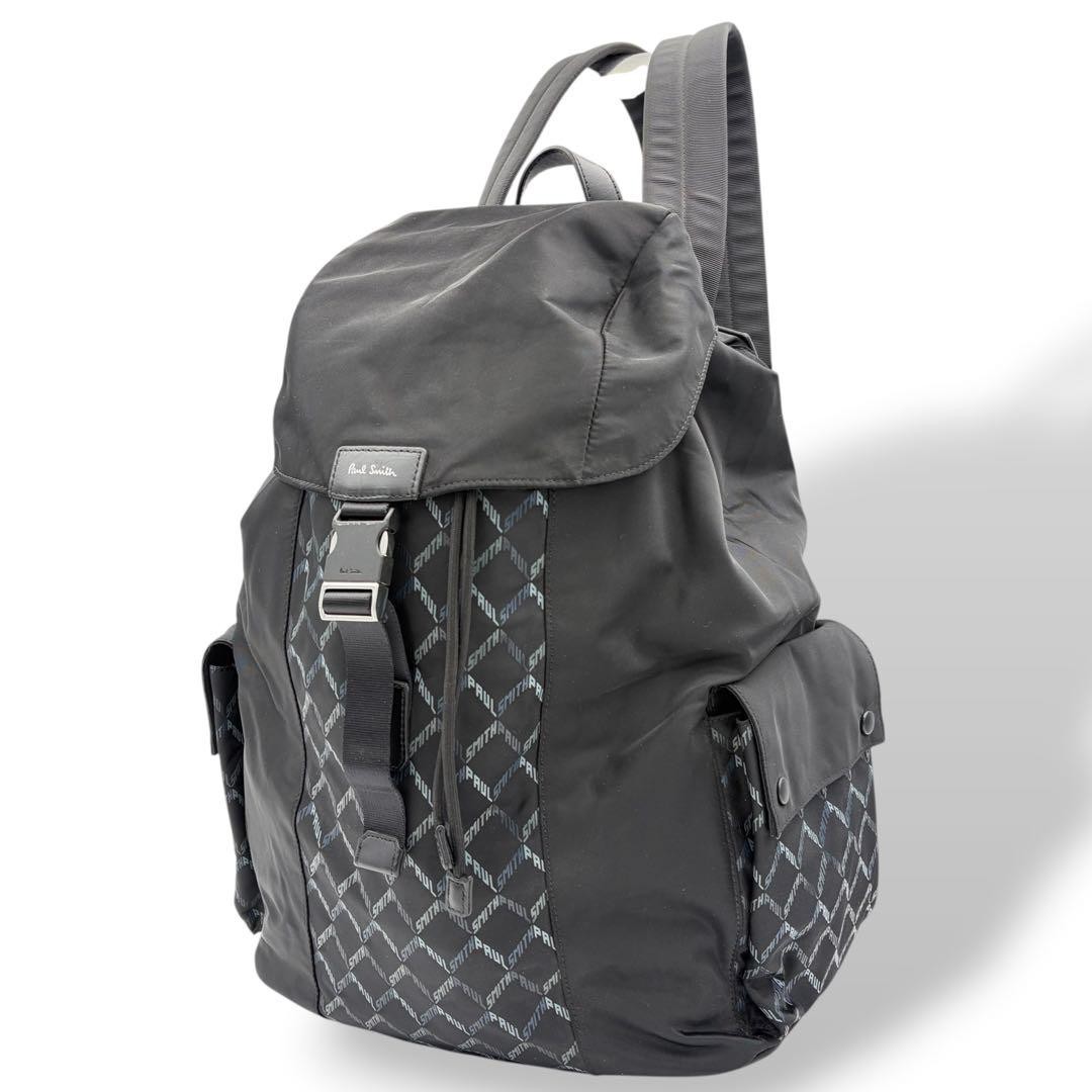 Paul Smith Branded Monogram Backpack Black Leather Nylon 42cm Mens Auth
