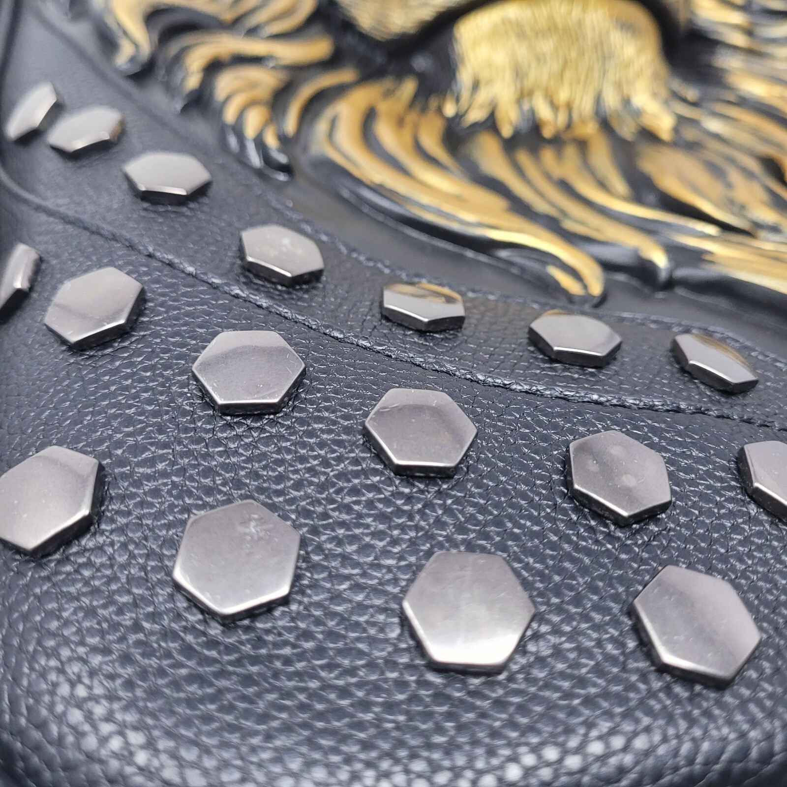 3D Lion Backpack Designer Vegan Leather Rivets Black Gold Large Unique New