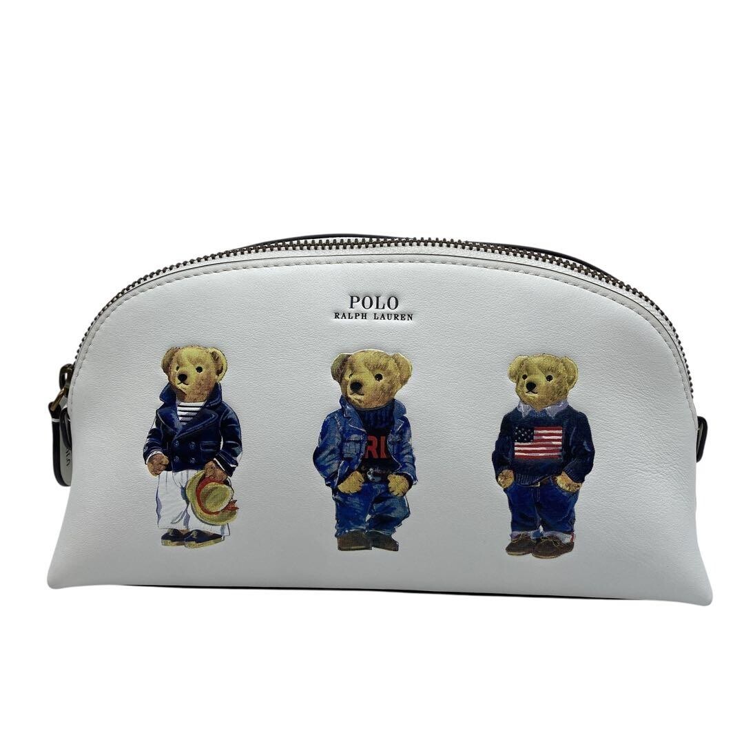 Polo Ralph Lauren Polo Bear Leather Pouch White Zipper Ladies 23cm 13cm