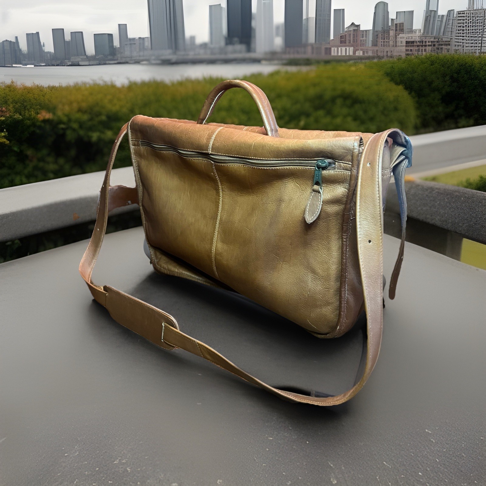 Caramel brown Genuine Columbia Leather Shoulder Laptop Satchel Bag. Satin Lining