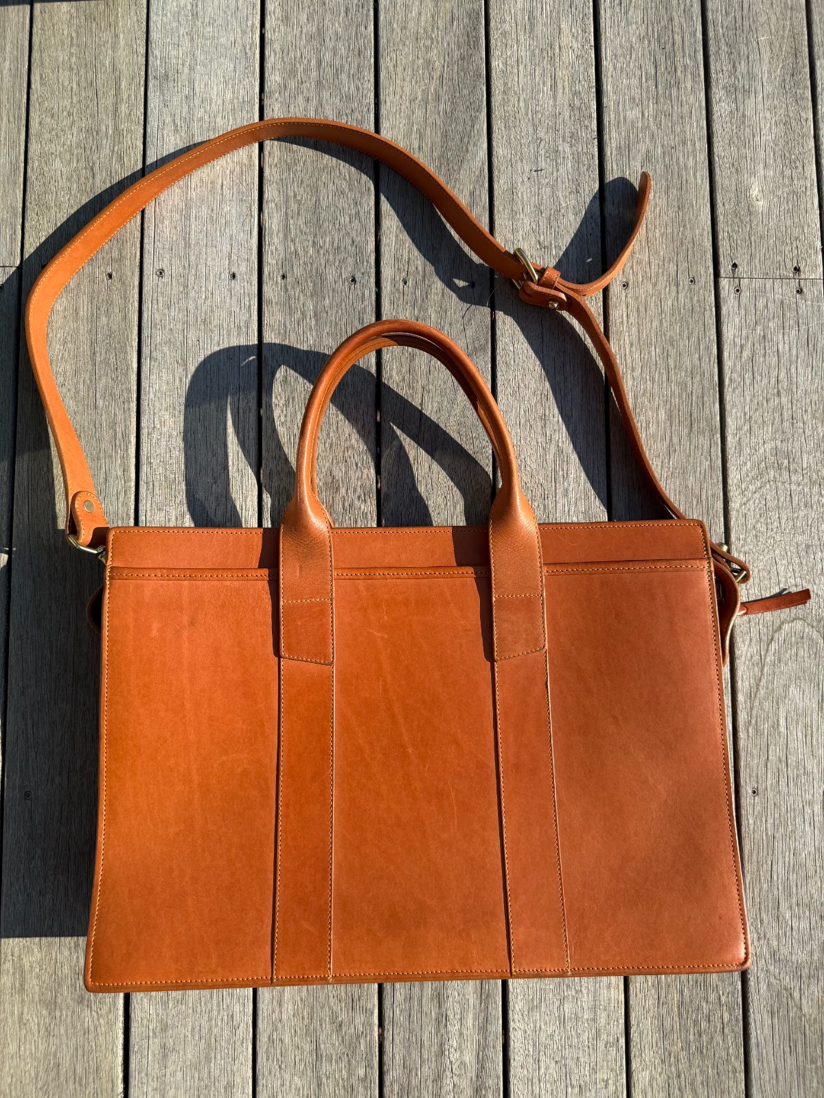 Frank Clegg Zip Top Briefcase Cognac Leather Made in USA with Shoulder Strap