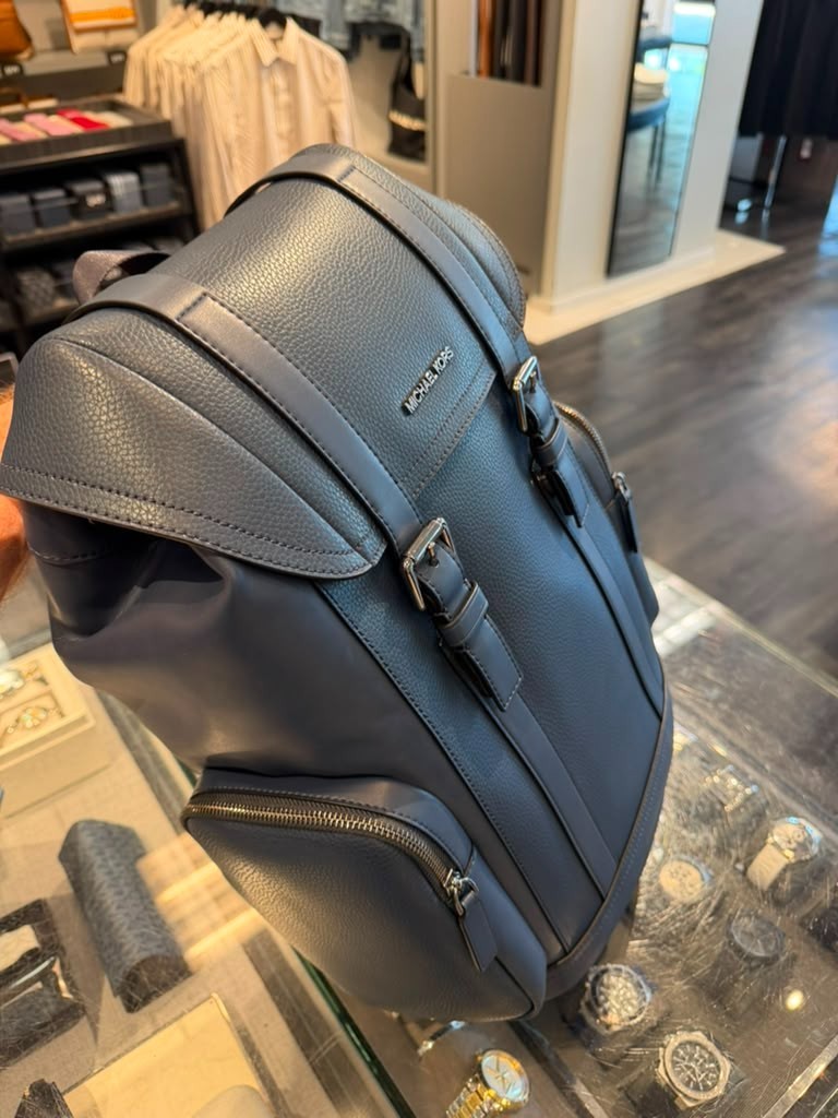 Michael Kors Men Cooper Large Leather Shoulder Backpack Navy For Travel Hiking