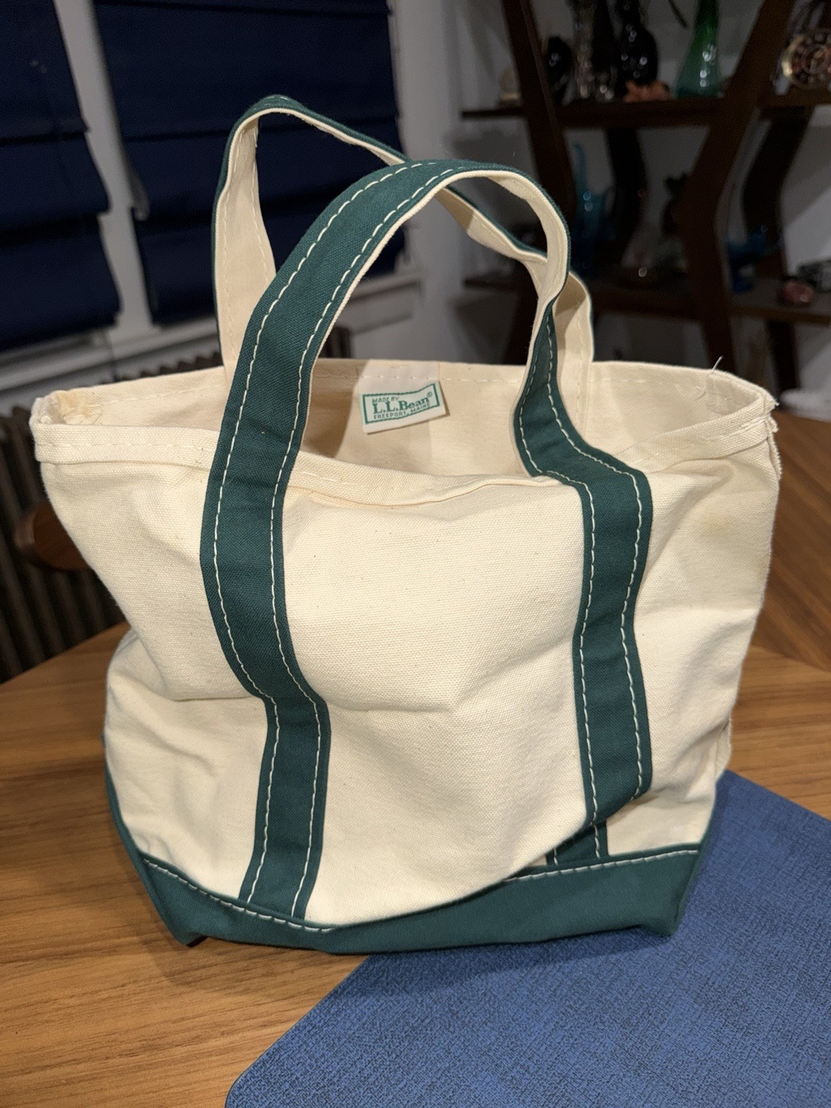 Vintage 1990s L.L Bean Boat & Tote Canvas Bag USA Size Mini – Ivory & Green