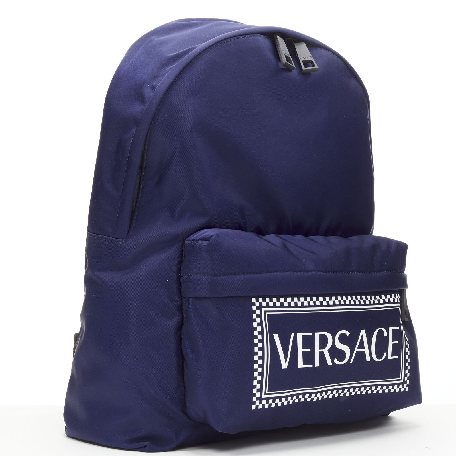 VERSACE 90’s Box Logo navy blue nylon Greca strap backpack