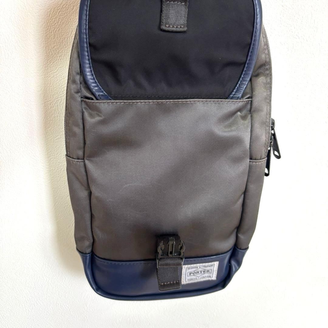 Authentic PORTER Yoshida Leather Sling Bag Gray/Navy 33cm x 19cm x 6cm Slim Cros